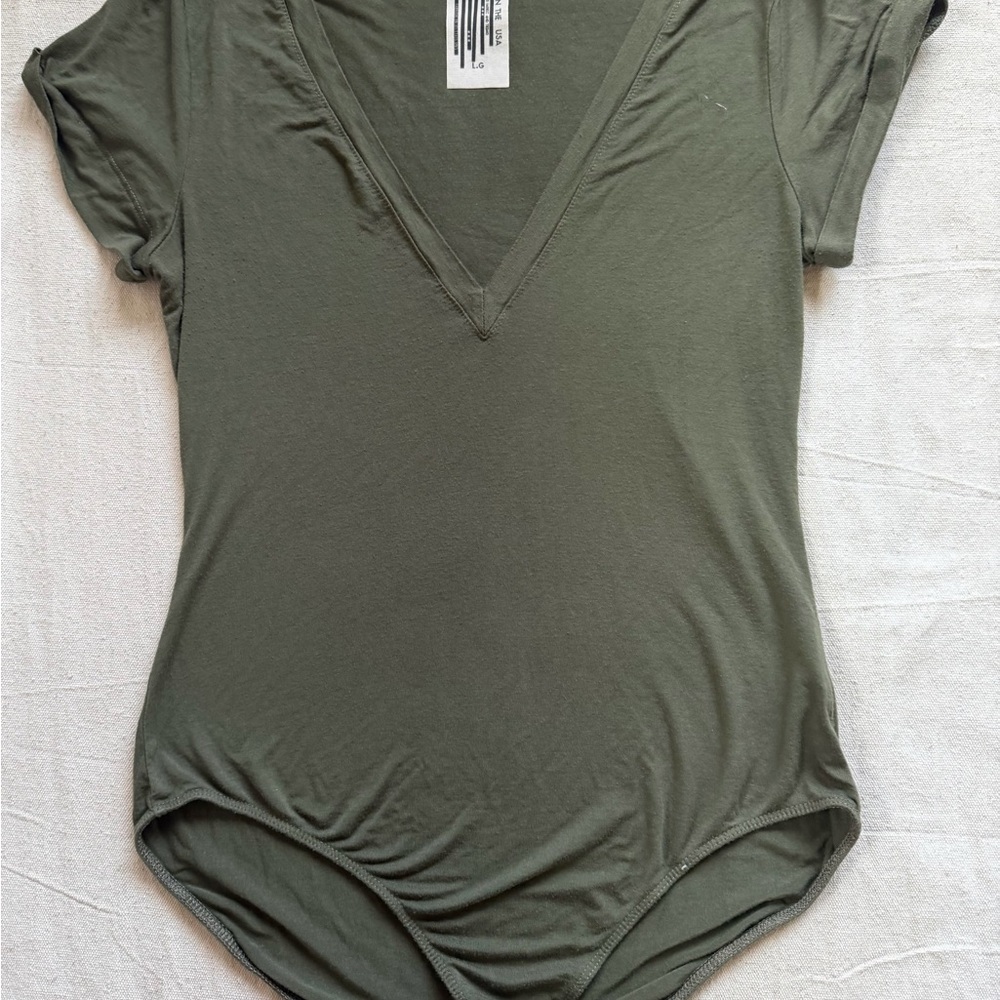 Free People Me Oh My Bodysuit Olive Green V-Neck Short Sleeve L